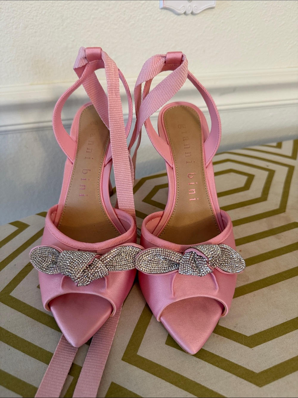 Gianni Bini Pink Satin Rhinestone Knot Tie-Heels